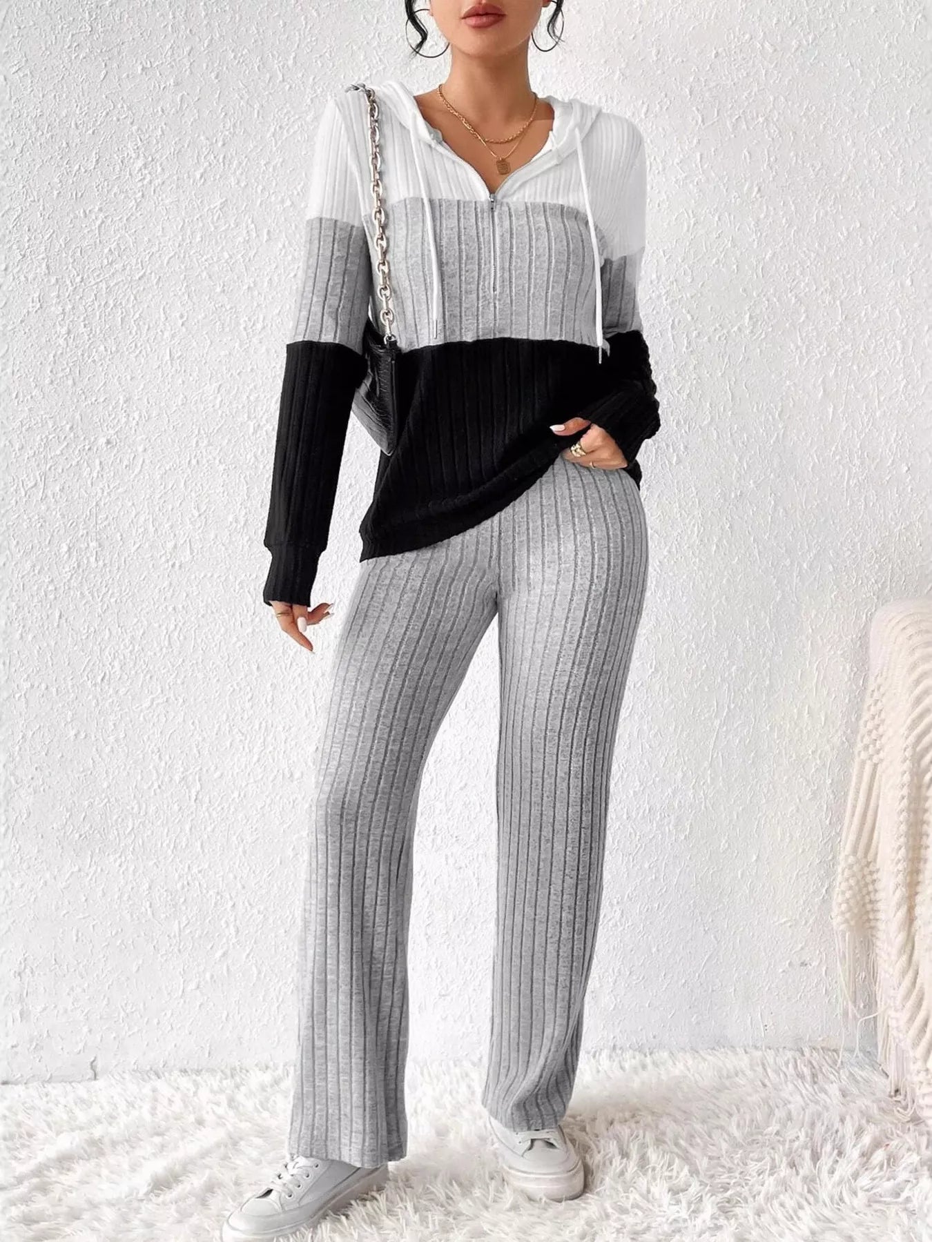 Color Block Half Zip Hooded Top and Pants Set