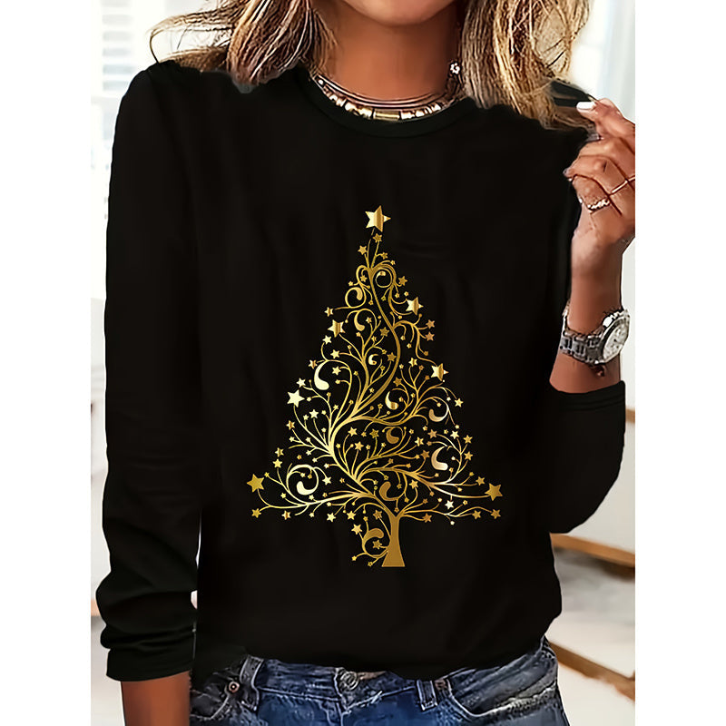 Women’s Long Sleeve Merry Christmas T-Shirt – Cute Christmas Tree Graphic Tee