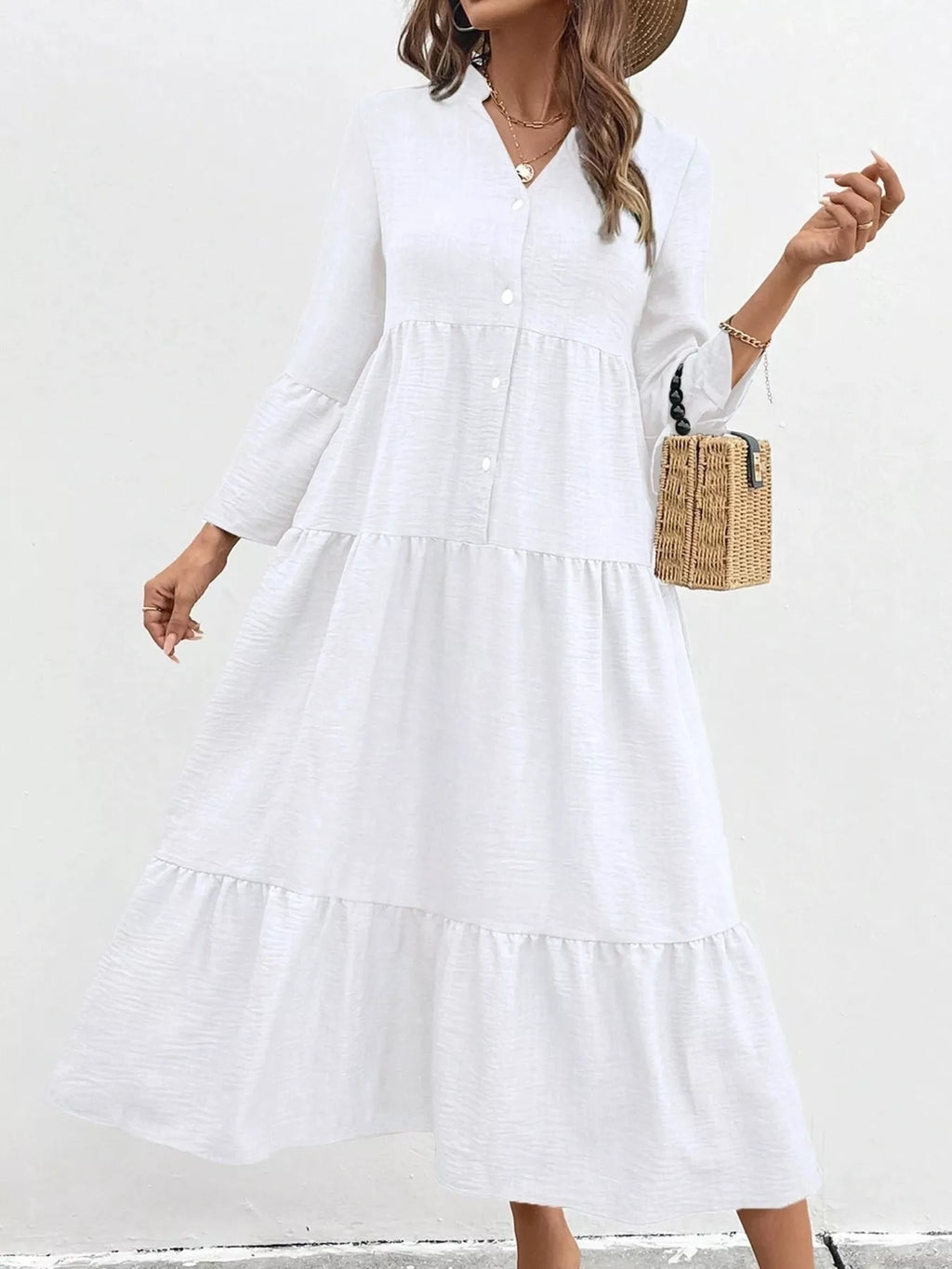Ruffle Hem Button Front Tiered Dress