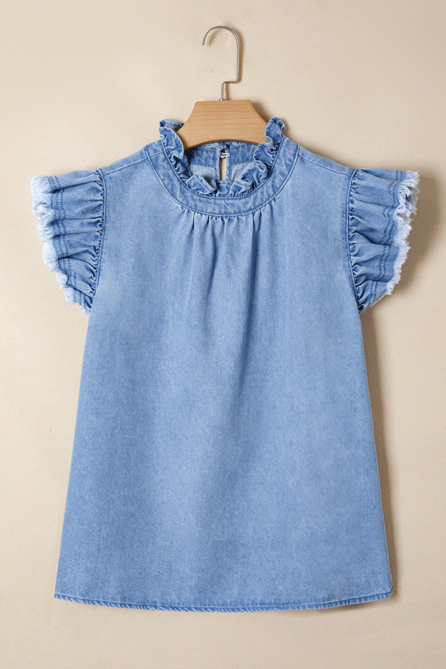 Frilled Collar Flutter Sleeve Denim Top