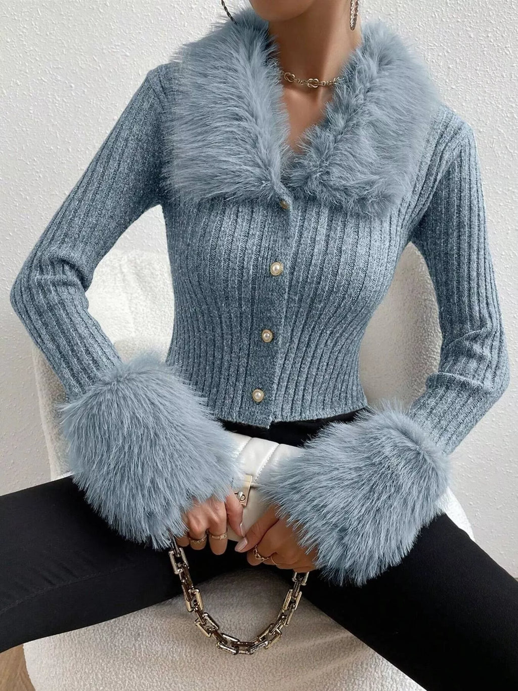 Faux Fur Trim Ribbed Knit Cropped Cardigan