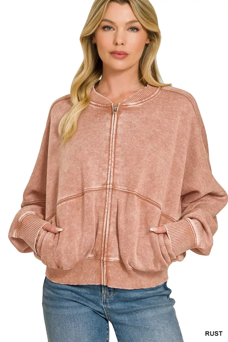 Zenana Acid Washed Fleece Jacket