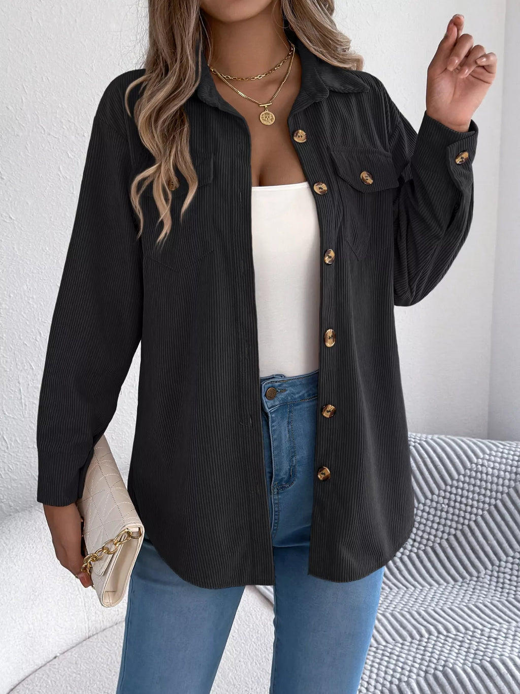 Casual Corduroy Button-Up Shacket