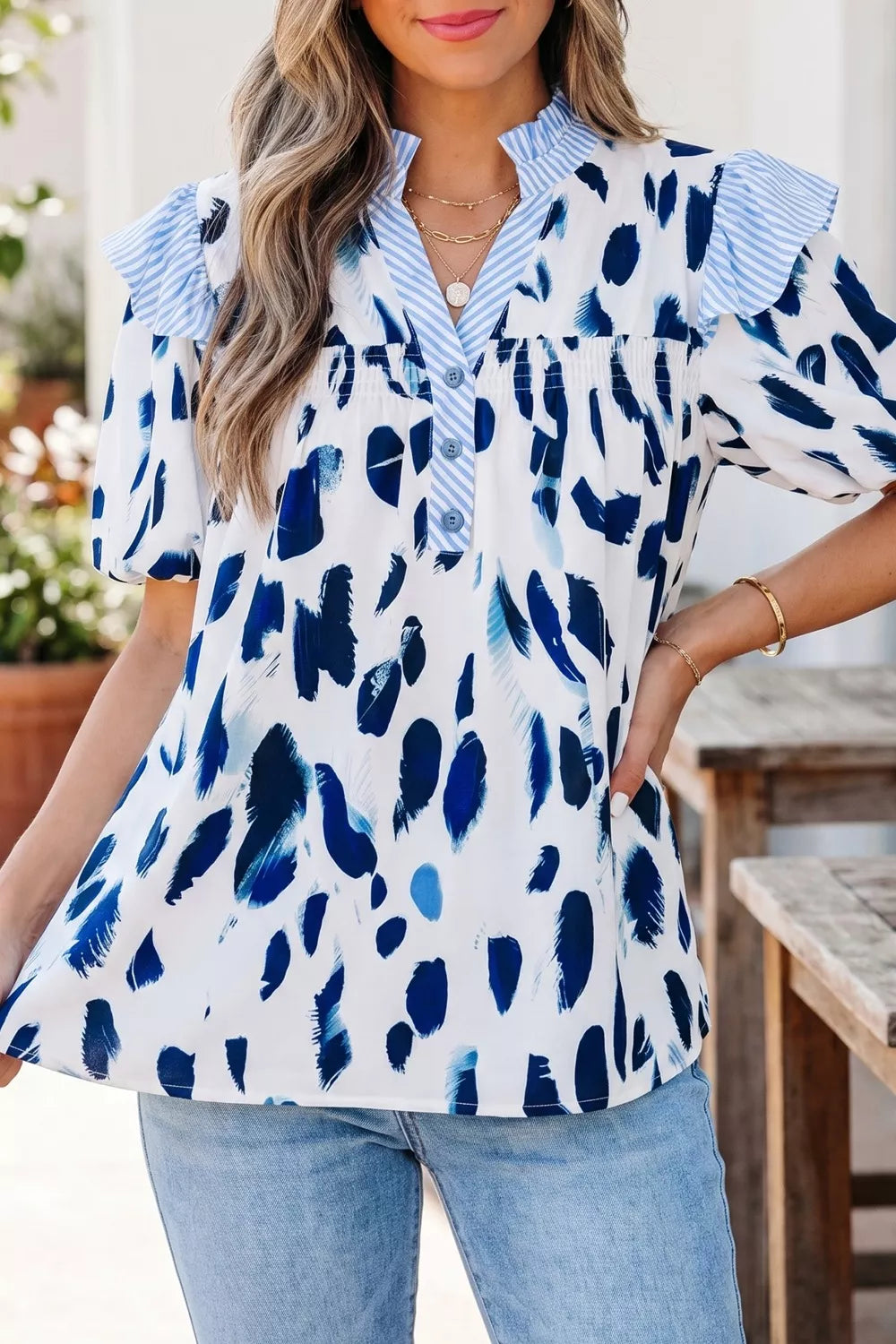 Abstract Animal Print Striped Ruffle Trim V Neck Blouse