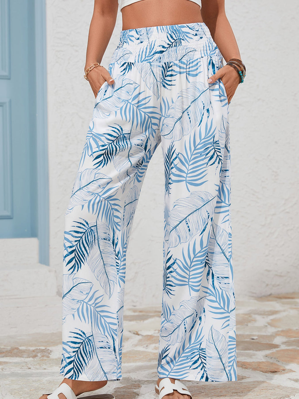 Tropical Print Shirred Waistband Wide Leg Pants