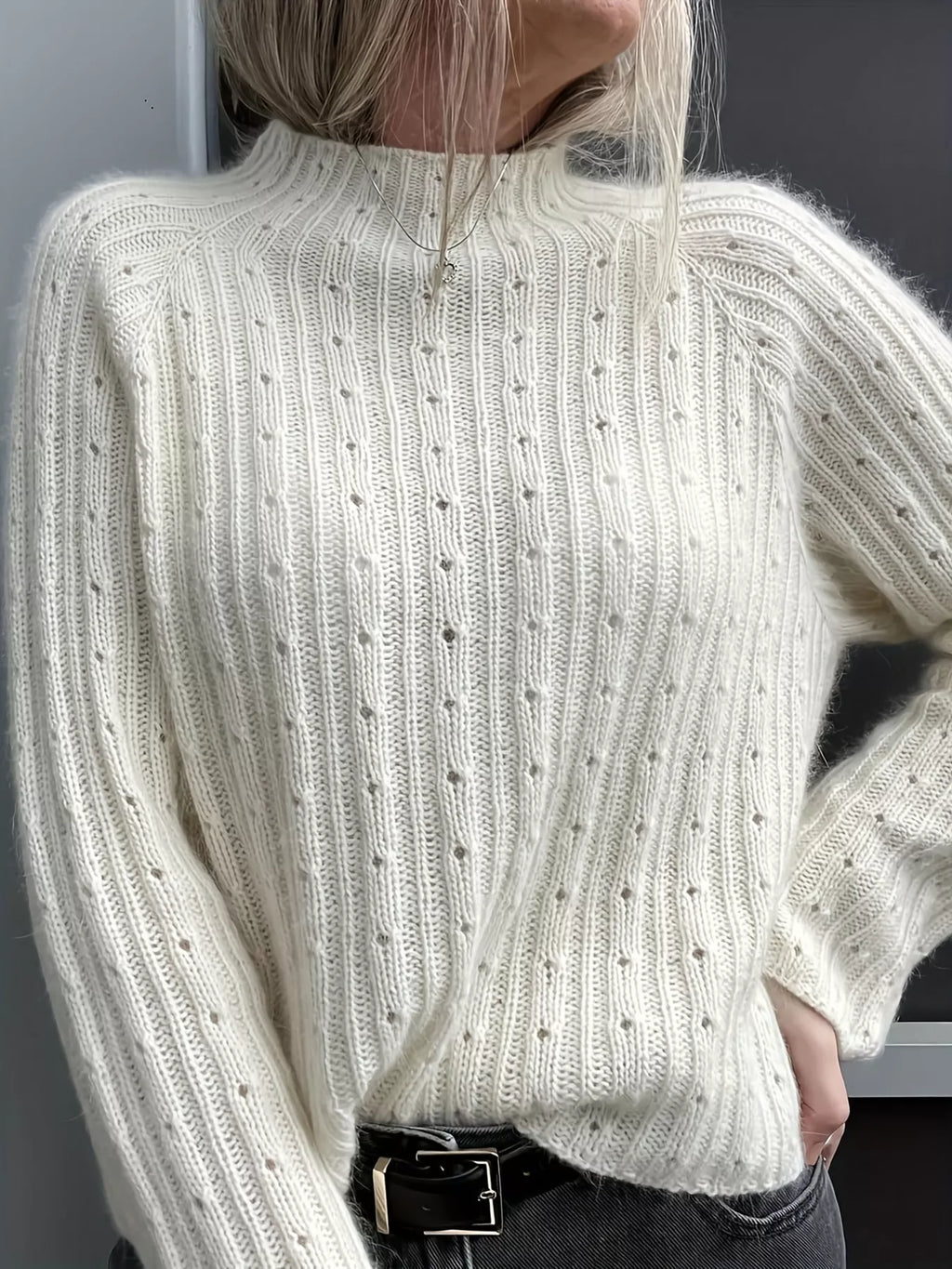 Mock Neck Eyelet Knit Top