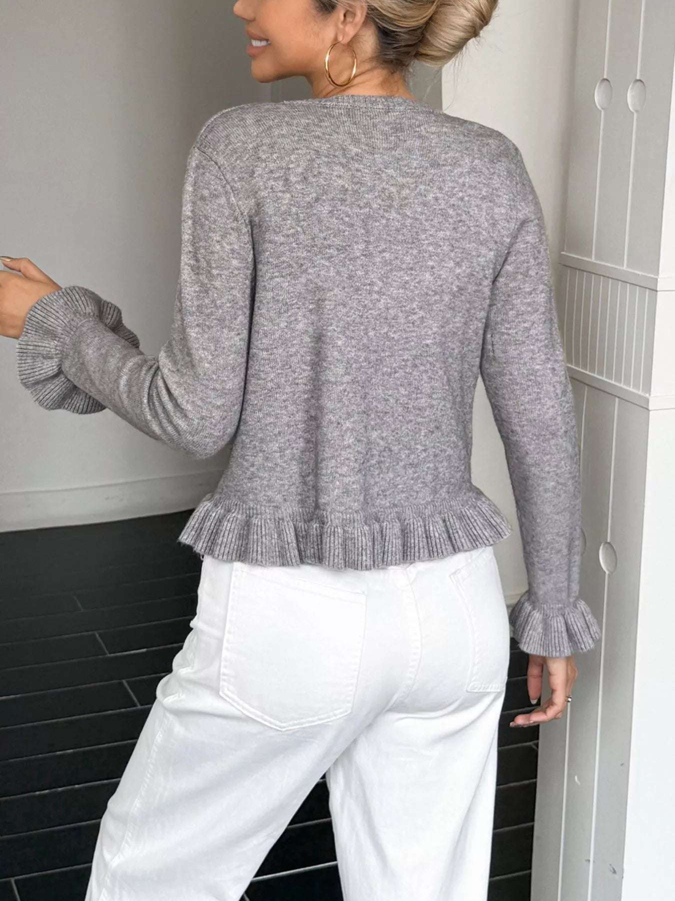 Ruffled Trim Button-Up Knit Cardigan