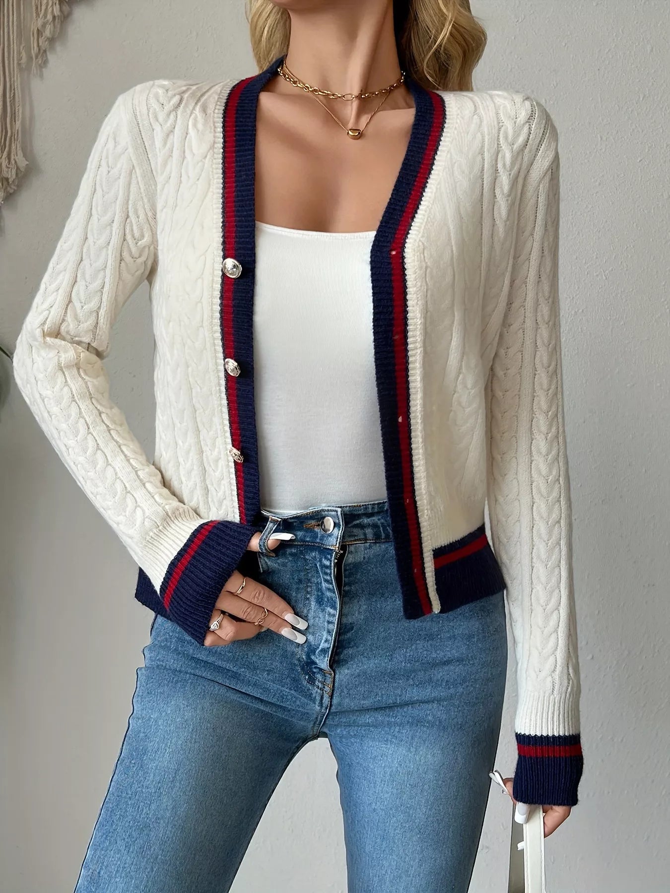 Contrast Trim Cable Knit Cardigan