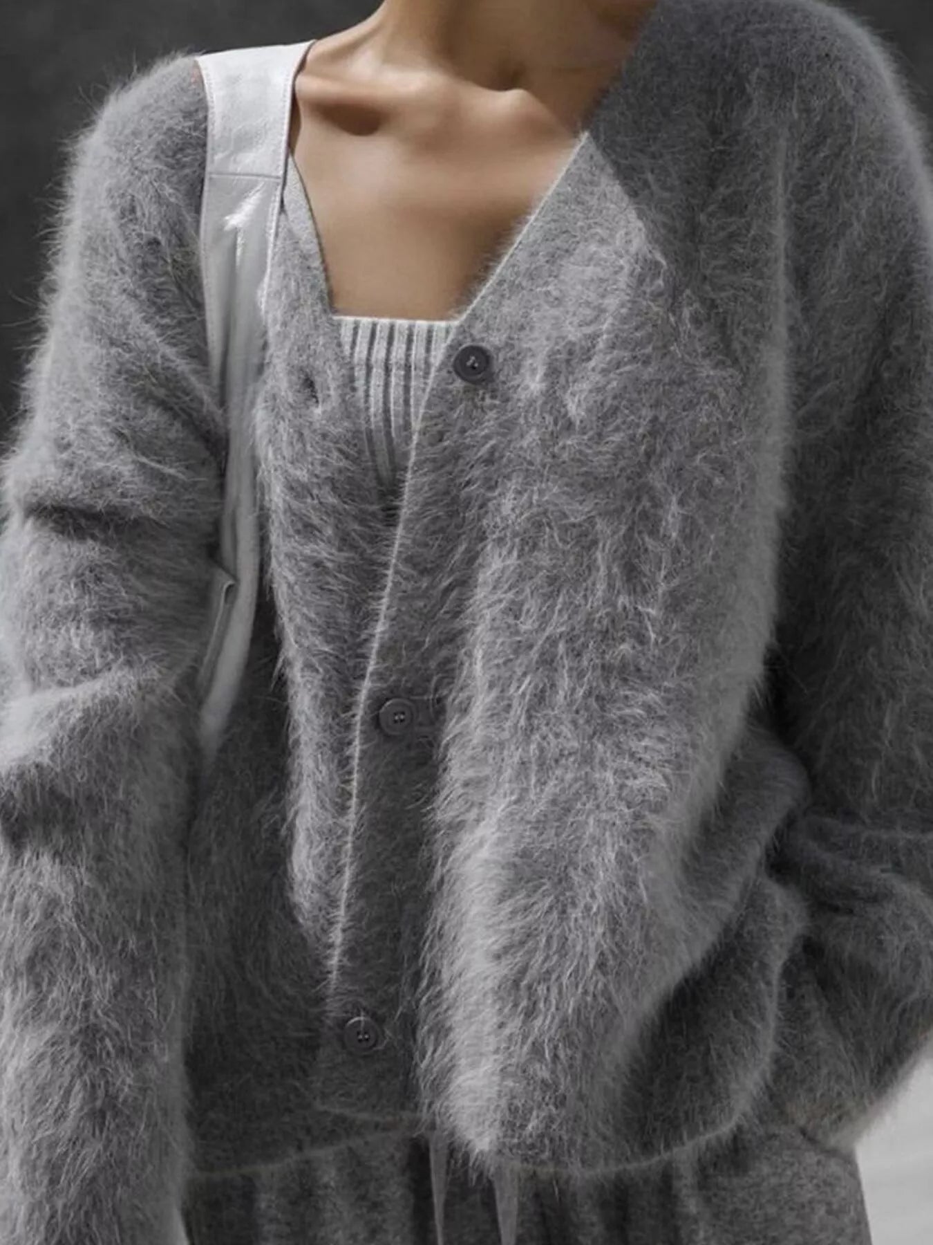 V Neck Button Down Fuzzy Knit Mohair Cardigan