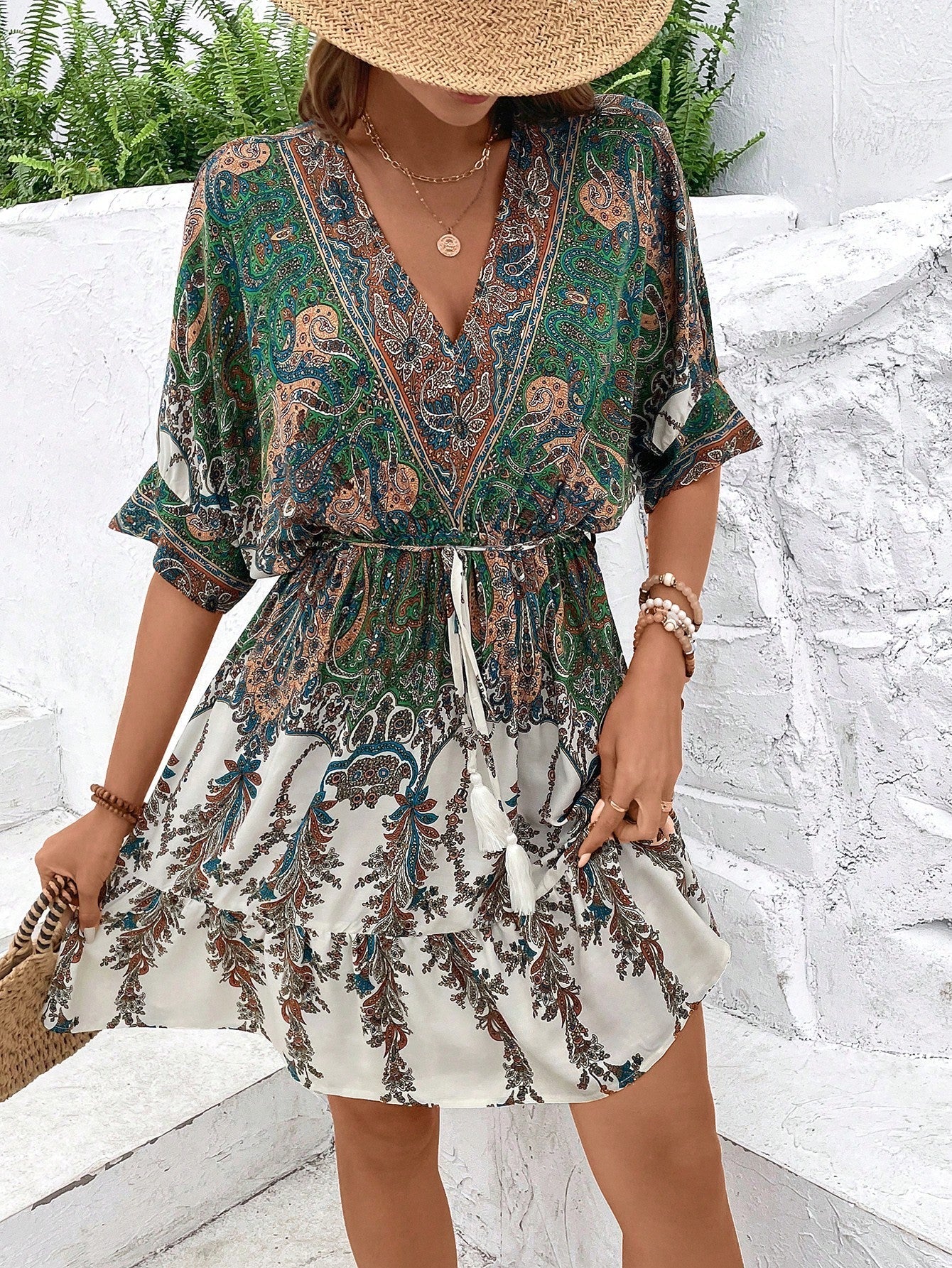 Paisley Print Batwing Sleeve Tassel Tie Front Ruffle Hem Dress