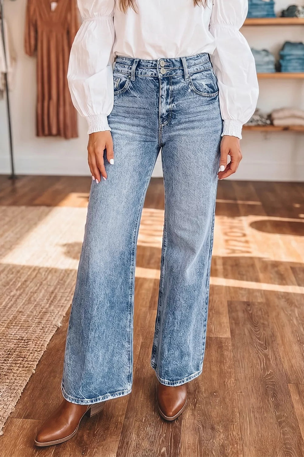 Acid Wash Pocket Detail Flare Jeans