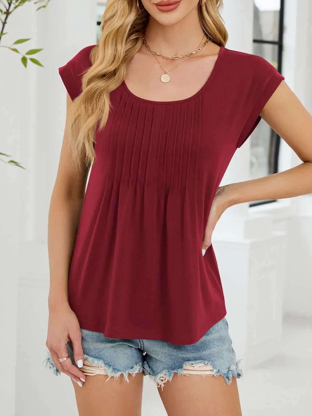 Pleated Front Scoop Neck T-Shirt