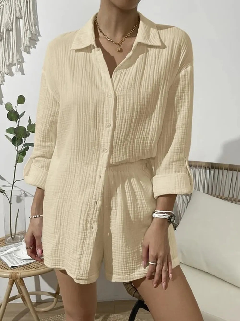 Dropped Shoulder Button Up Top and Elastic Waist Shorts Set