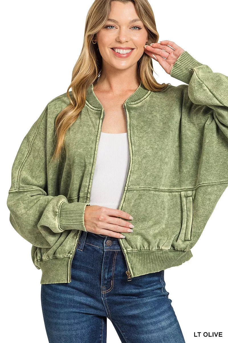 Zenana Acid Washed Fleece Jacket