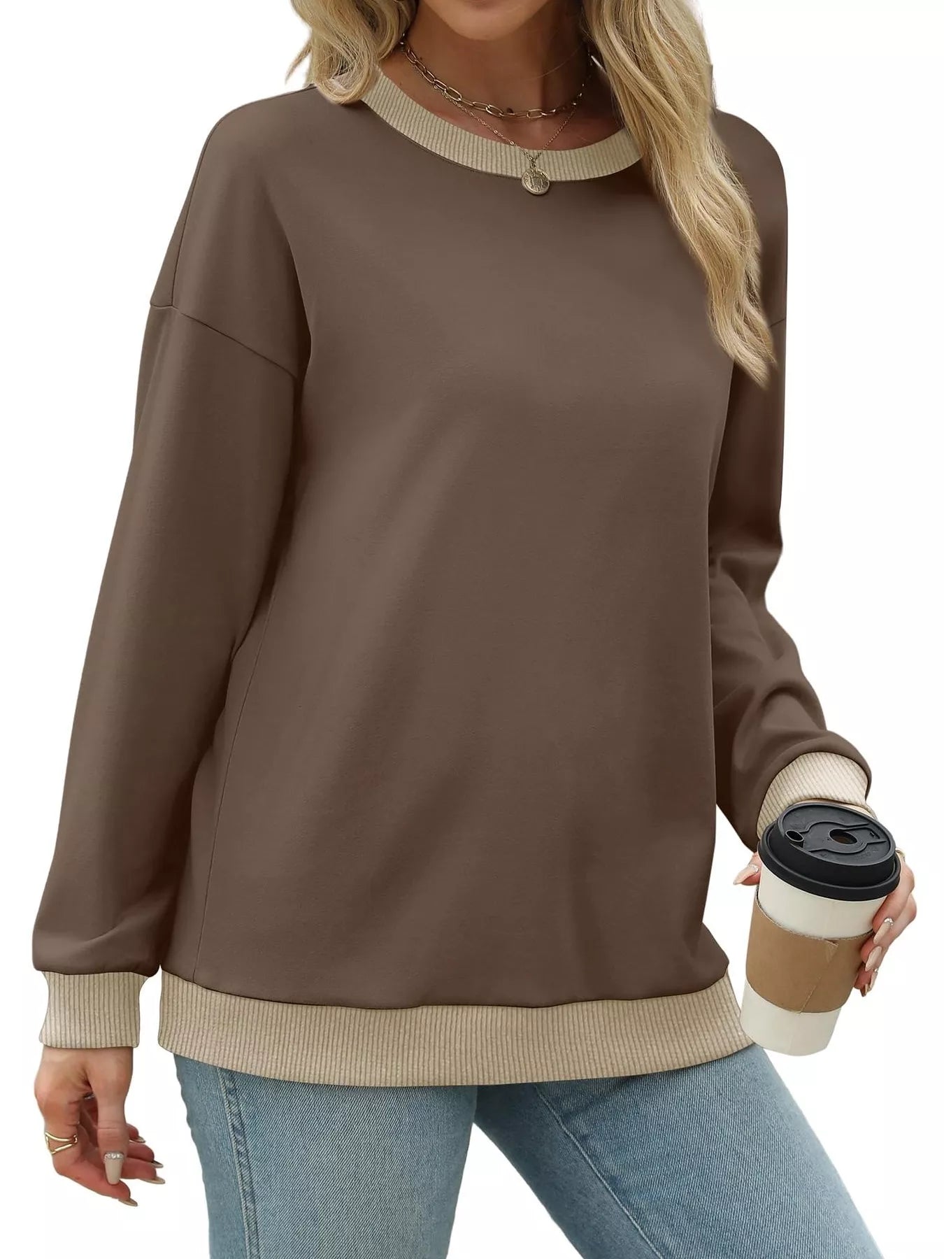 Contrast Trim Crew Neck Casual Sweatshirt