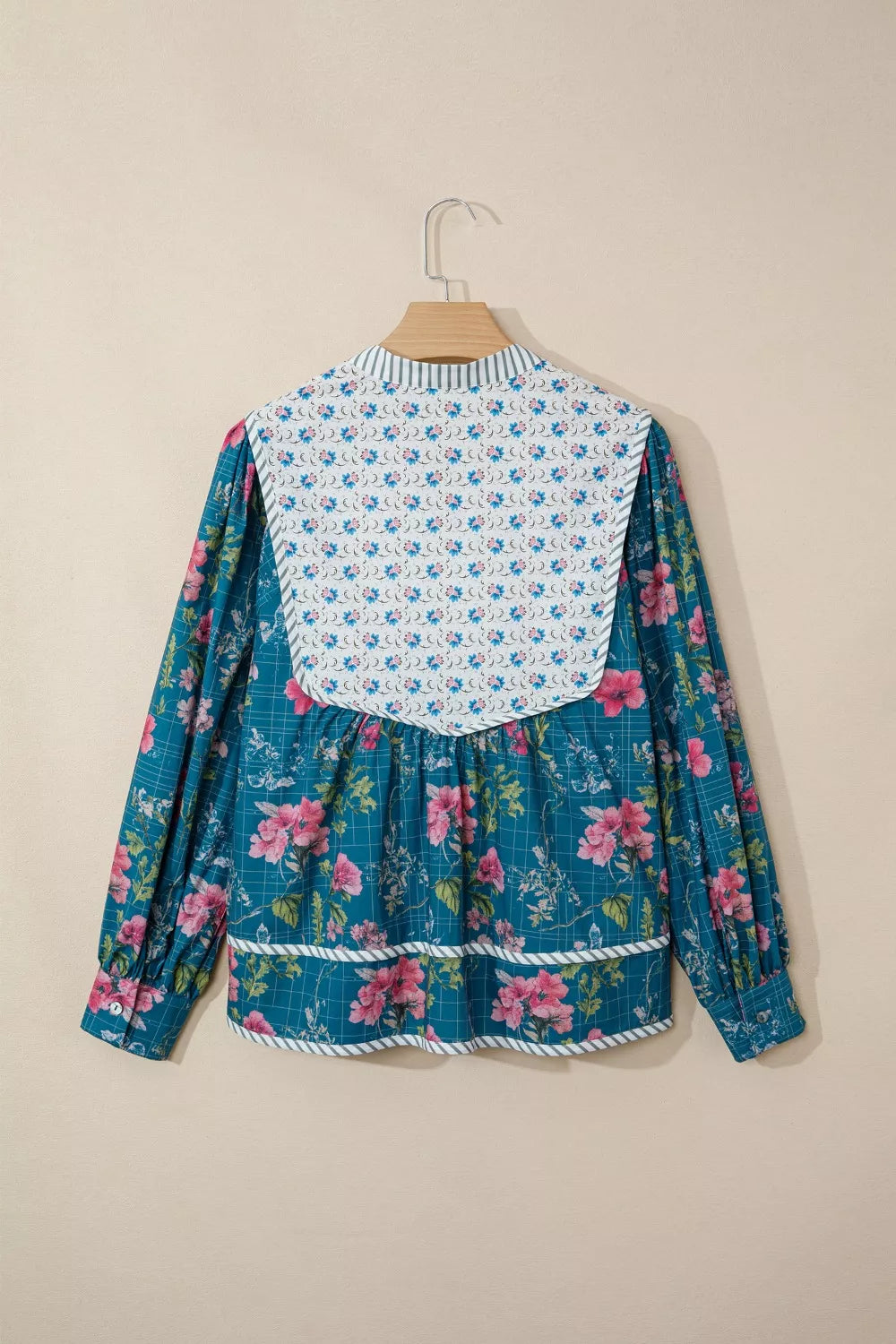 Floral Print Contrast Yoke Patchwork Striped Trim Long Puff Sleeve Blouse