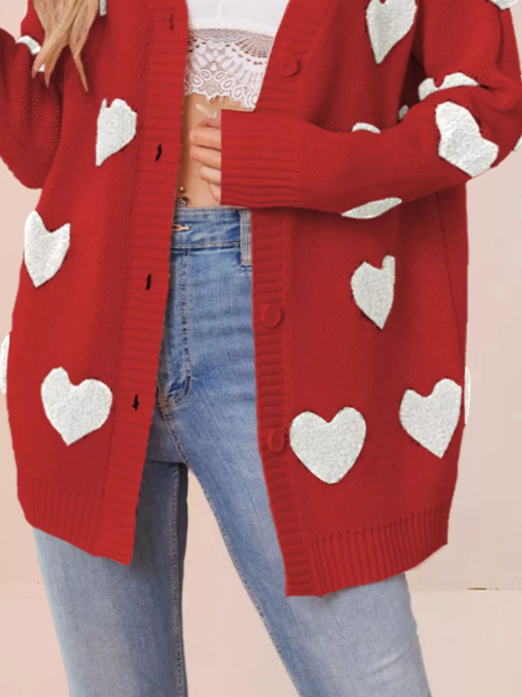 Heart Pattern Knit Button-Up Cardigan