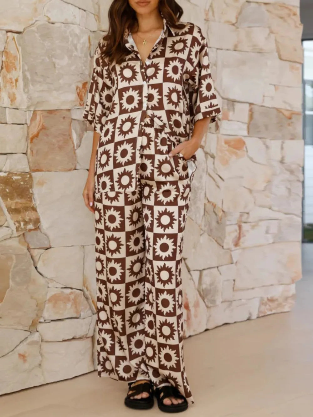 Printed Collared Neck Top and Pants Set