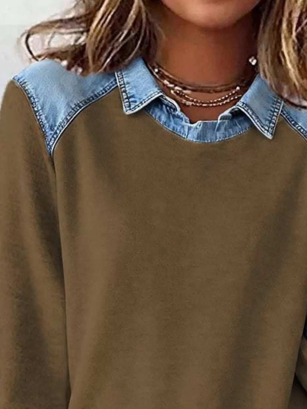 Full Size Denim Trim Long Sleeve Top Plus Size
