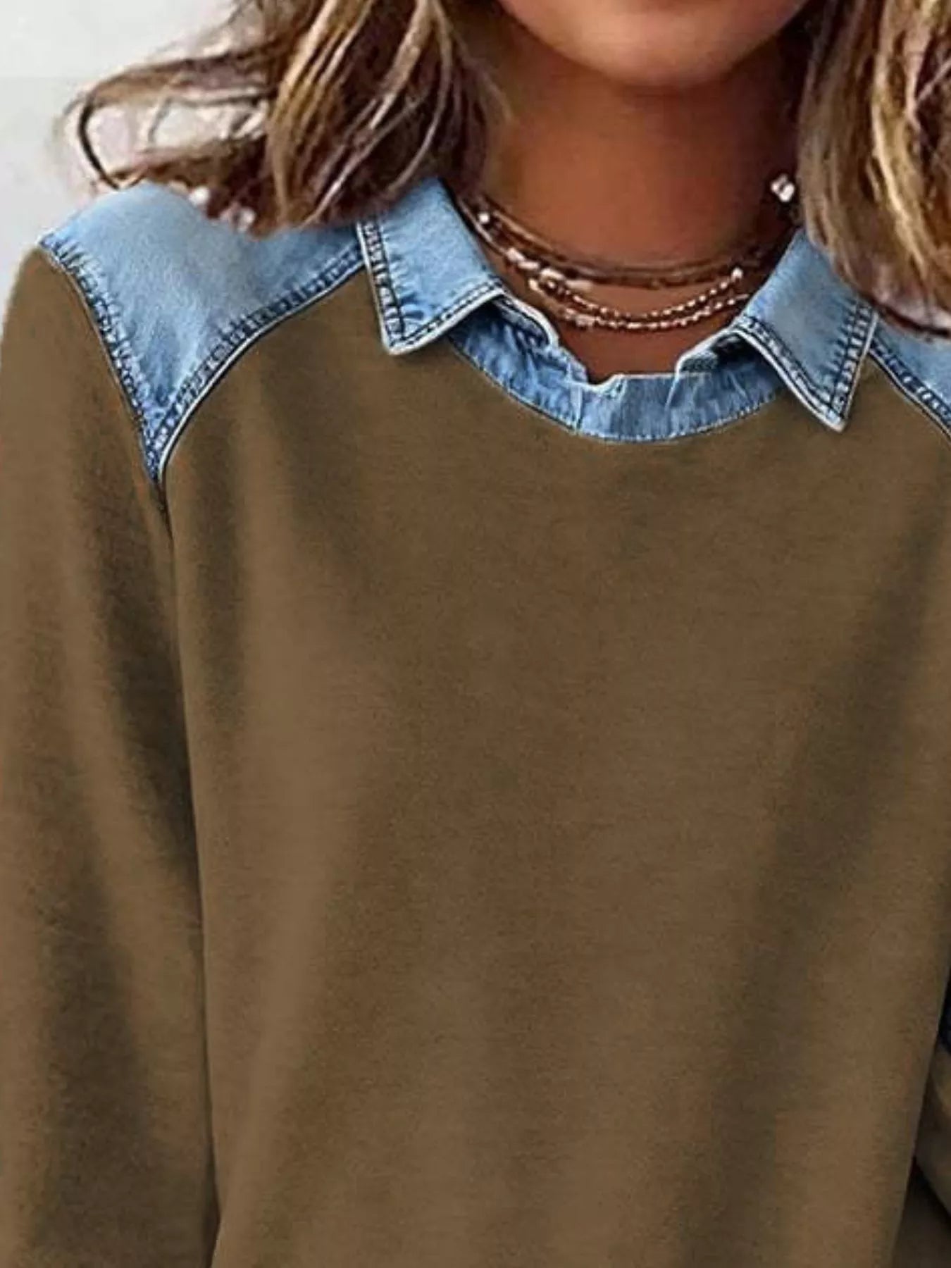 Full Size Denim Trim Long Sleeve Top Plus Size