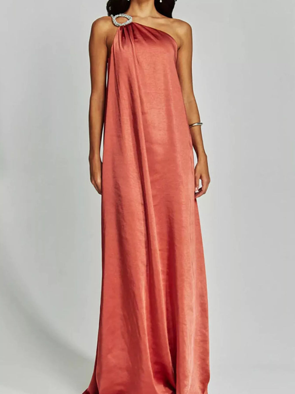 One-Shoulder Rhinestone Satin Maxi Dress