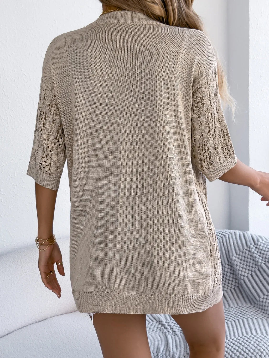 Openwork Open Front Half Sleeve Cardigan