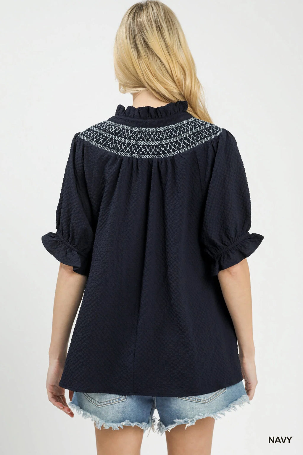 Umgee Textured Henley Blouse with Ruffle Cuffs