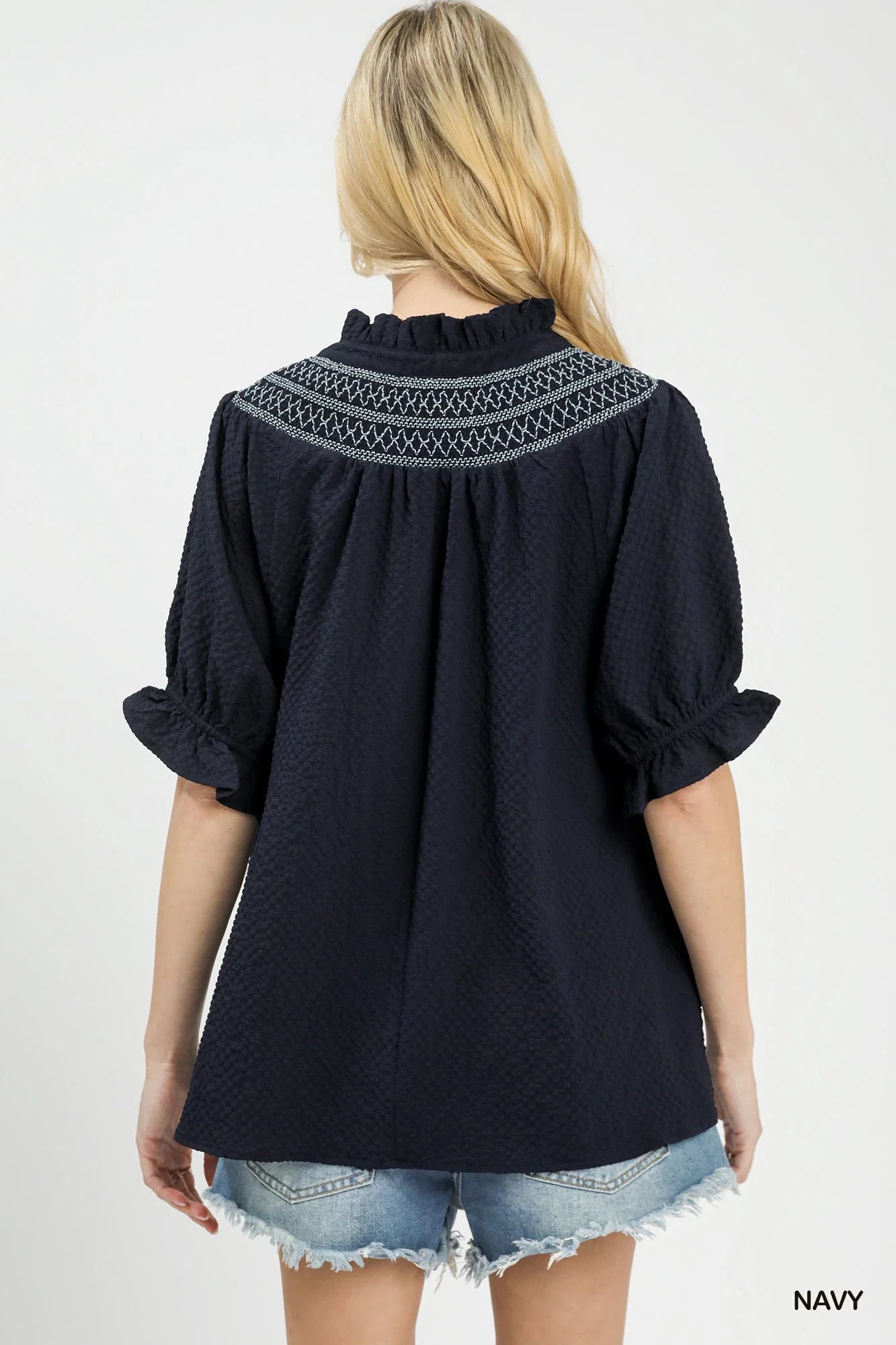 Umgee Textured Henley Blouse with Ruffle Cuffs