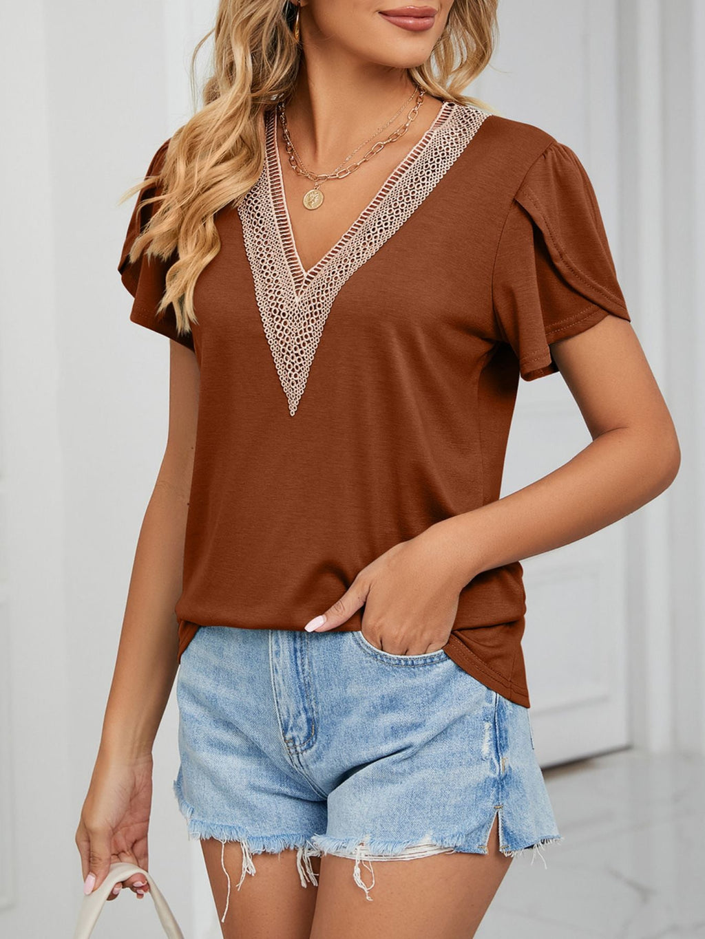 V-Neck Petal Sleeve Top