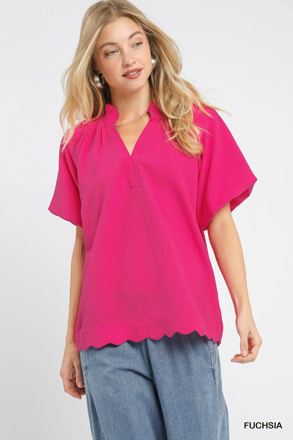 Umgee Scalloped Hem Textured Blouse