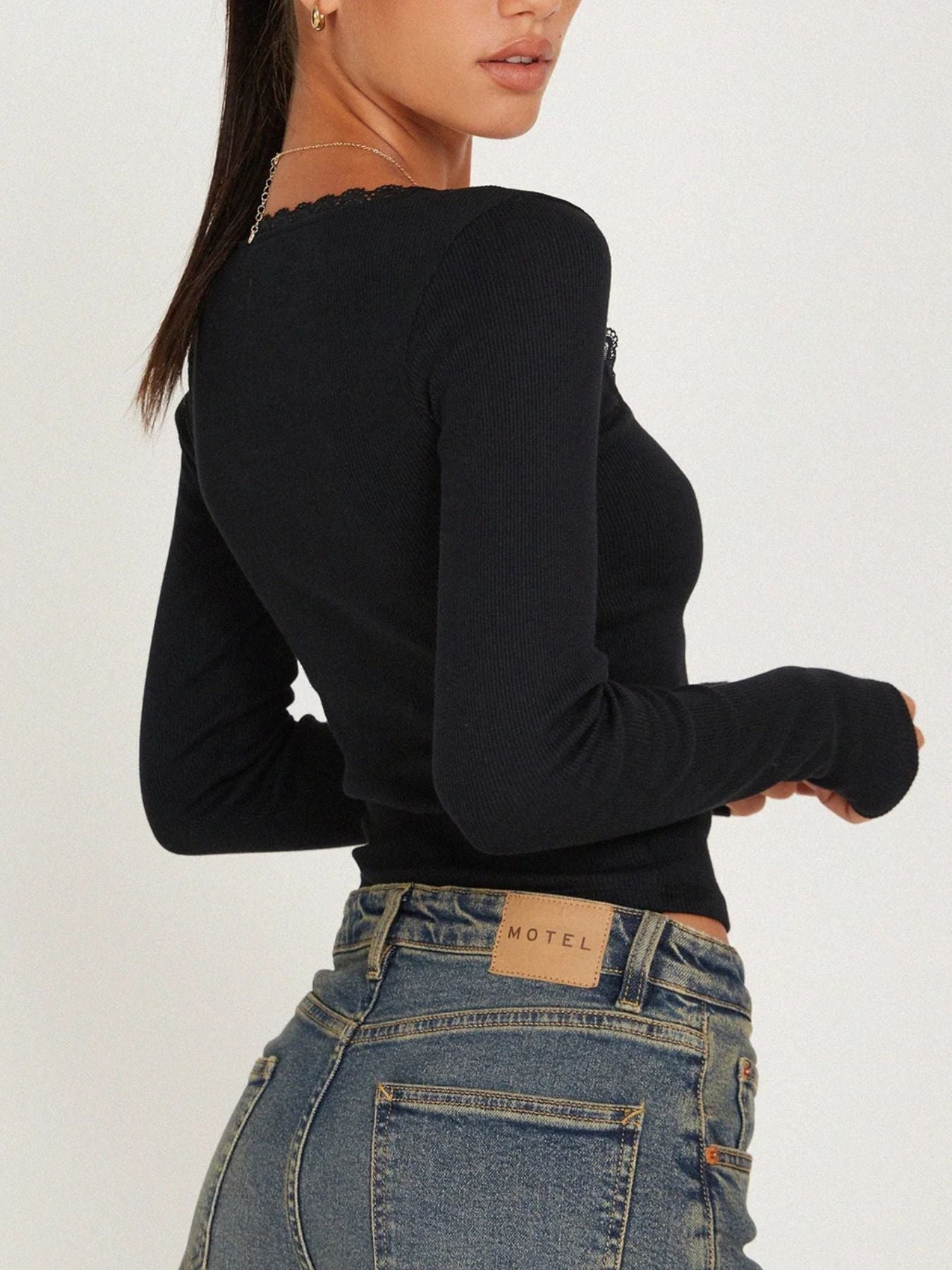 Lace Detail Long Sleeve Crop T-Shirt