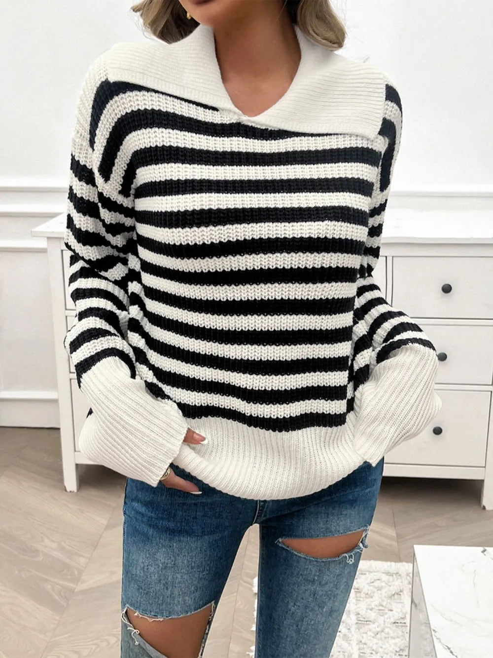 Devine Striped Collared Neck Long Sleeve Sweater