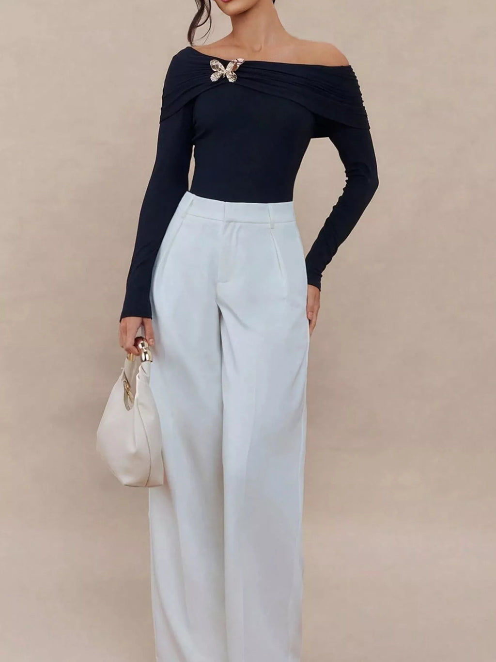 Elegant Off-Shoulder Long Sleeve Top with Butterfly Detail