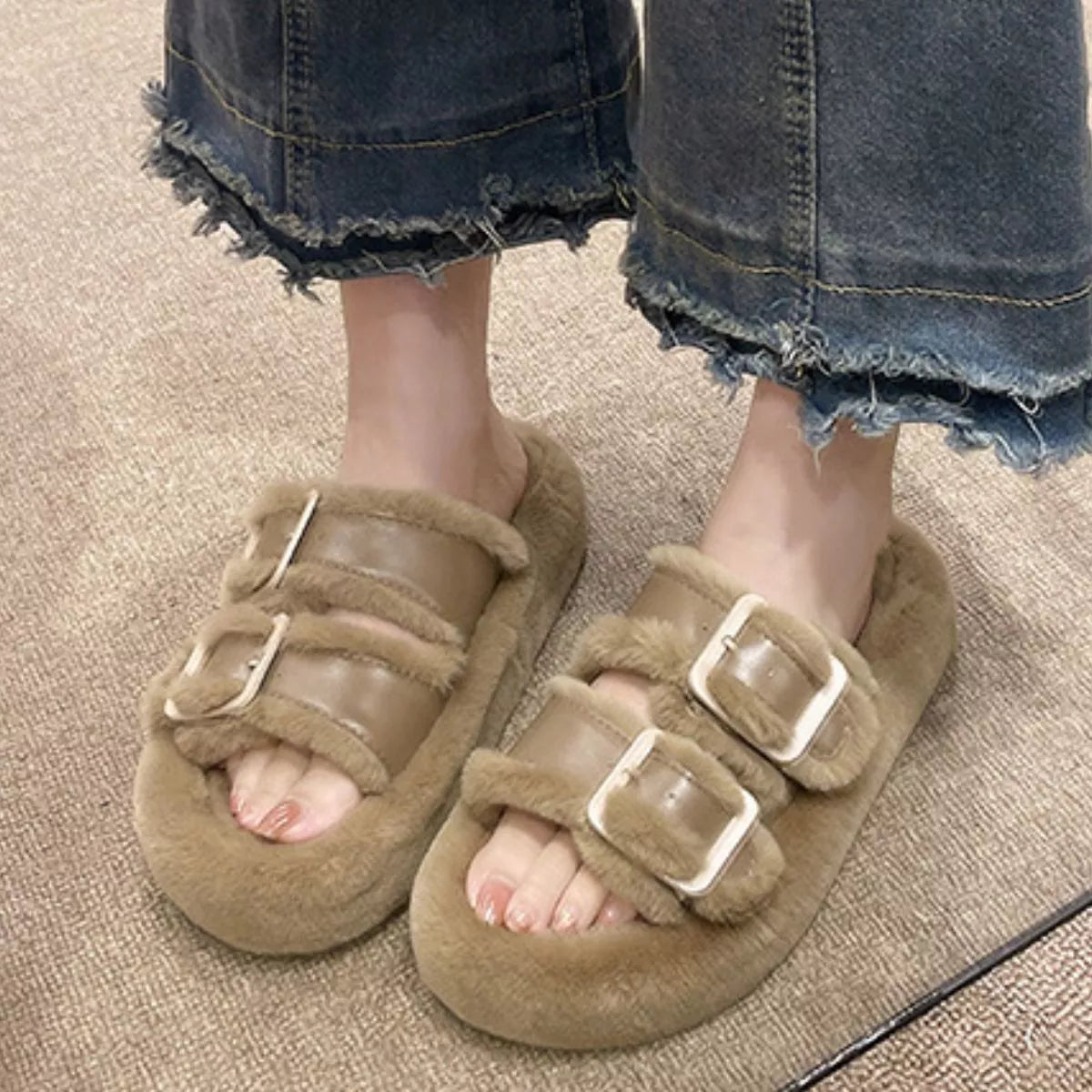 Fuzzy Buckle Detail Slippers