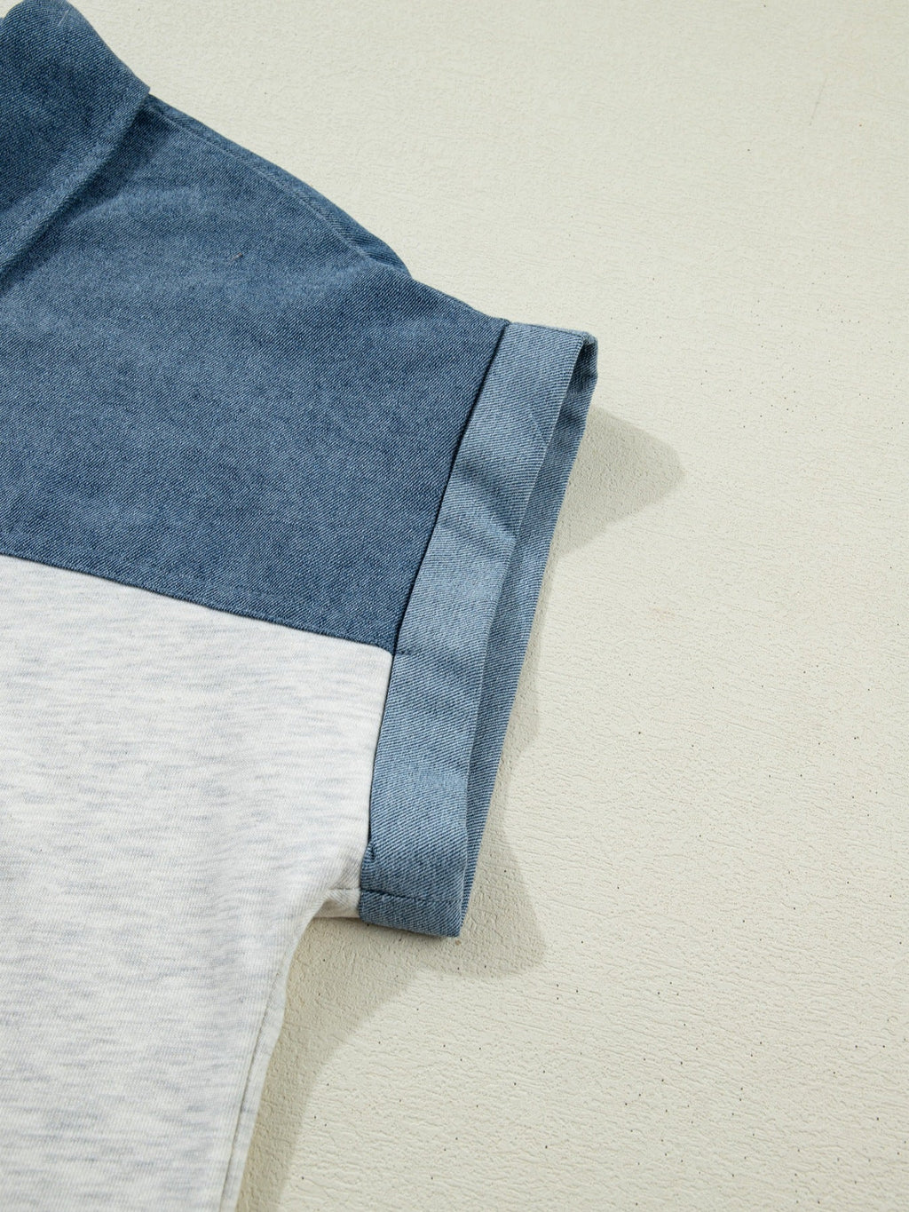Color Block Denim Patchwork Button Polo Collar Short Sleeve Top
