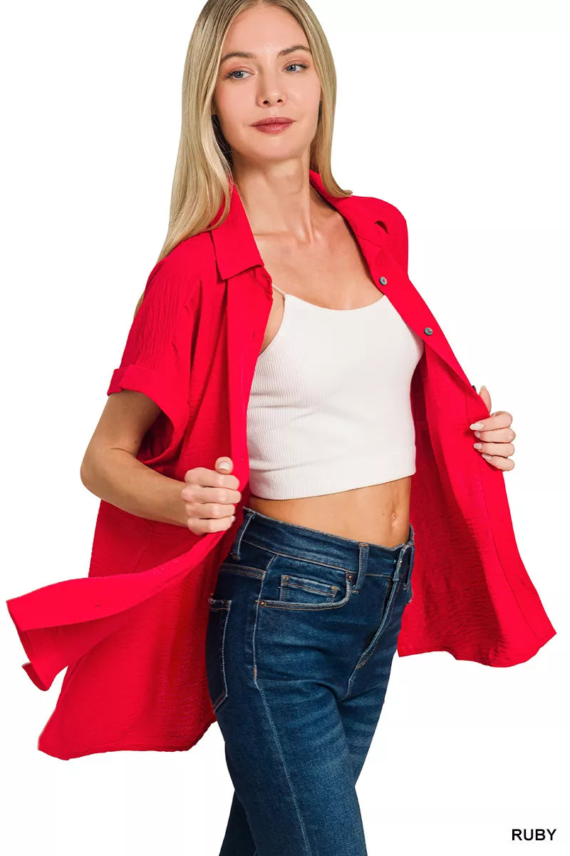 Zenana Woven Airflow Button Down Shirt