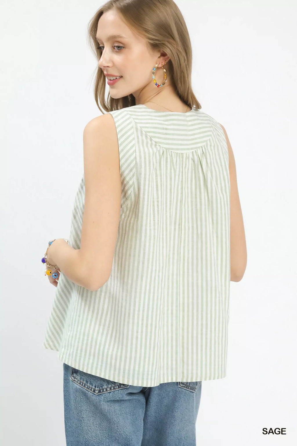 Umgee Mixed Stripe Sleeveless V-Neck Top