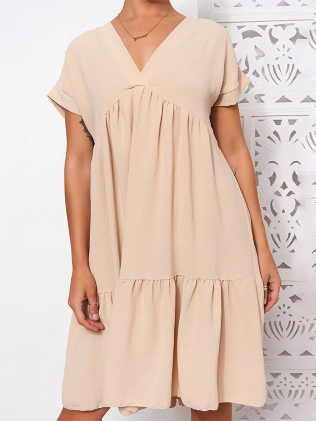 V-Neck Babydoll Tiered Mini Dress