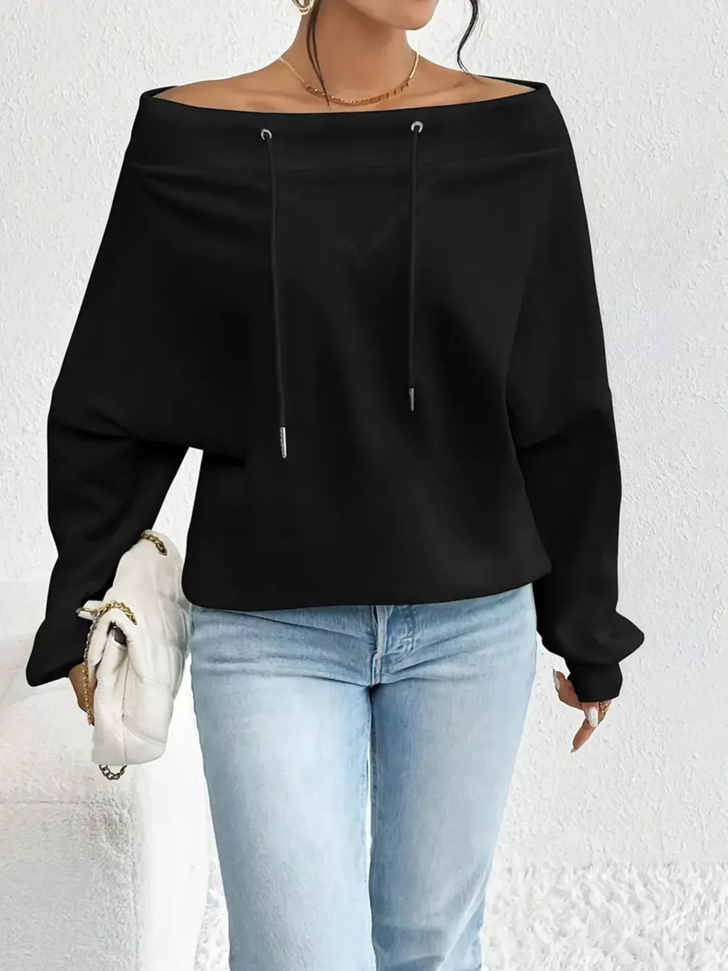 Full Size Off-Shoulder Drawstring Long Sleeve Top Plus Size