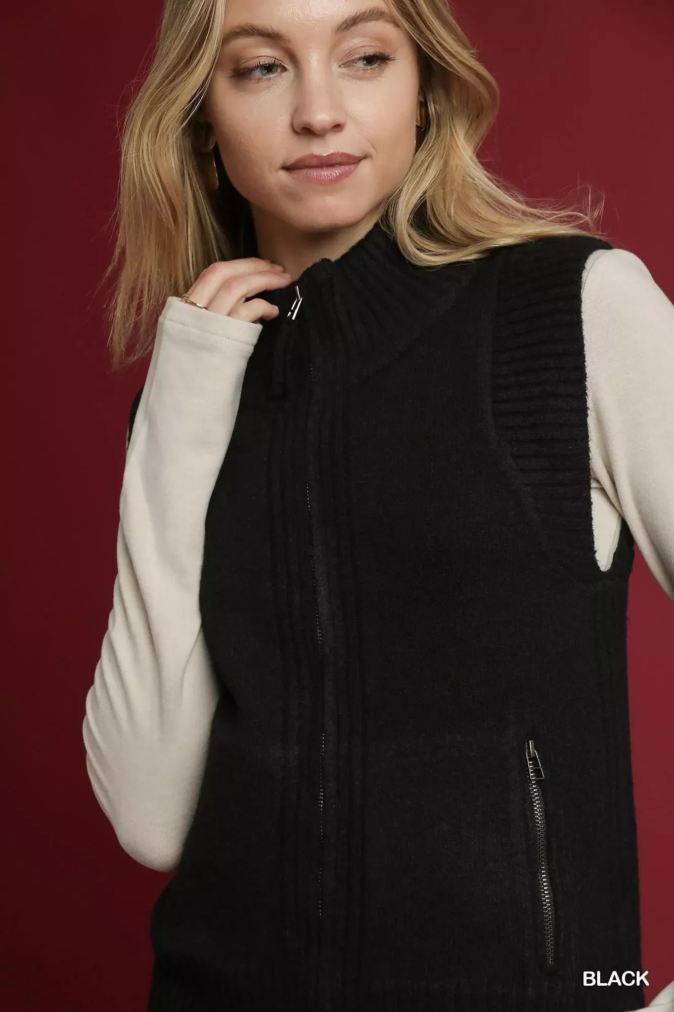 Umgee Zip-Up Sweater Vest with Ribbed Trim