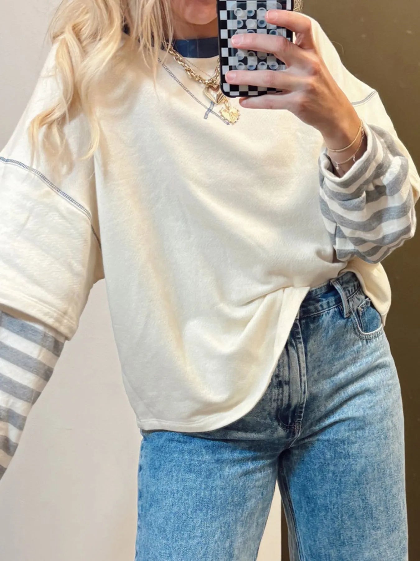 Striped Patchwork Long Sleeve Round Neck Two-in-one Top