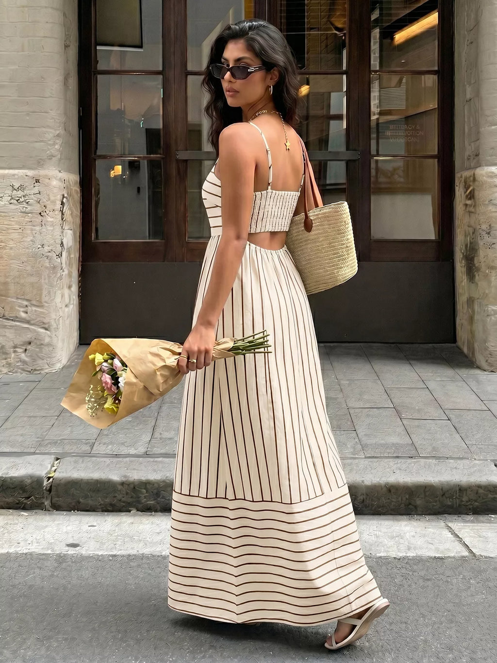 Striped Print Spaghetti Strap Maxi Dress
