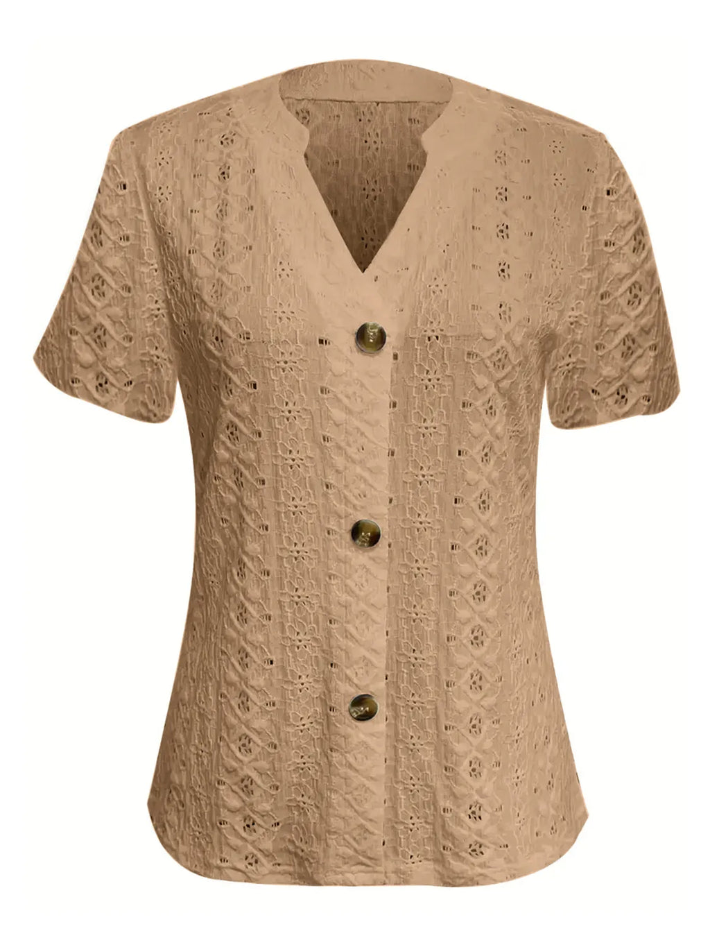 Openwork Notched Short Sleeve Top