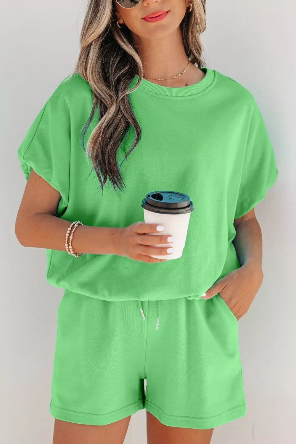 Solid Color Puffy Loose Top Drawstring Shorts 2pcs Outfit