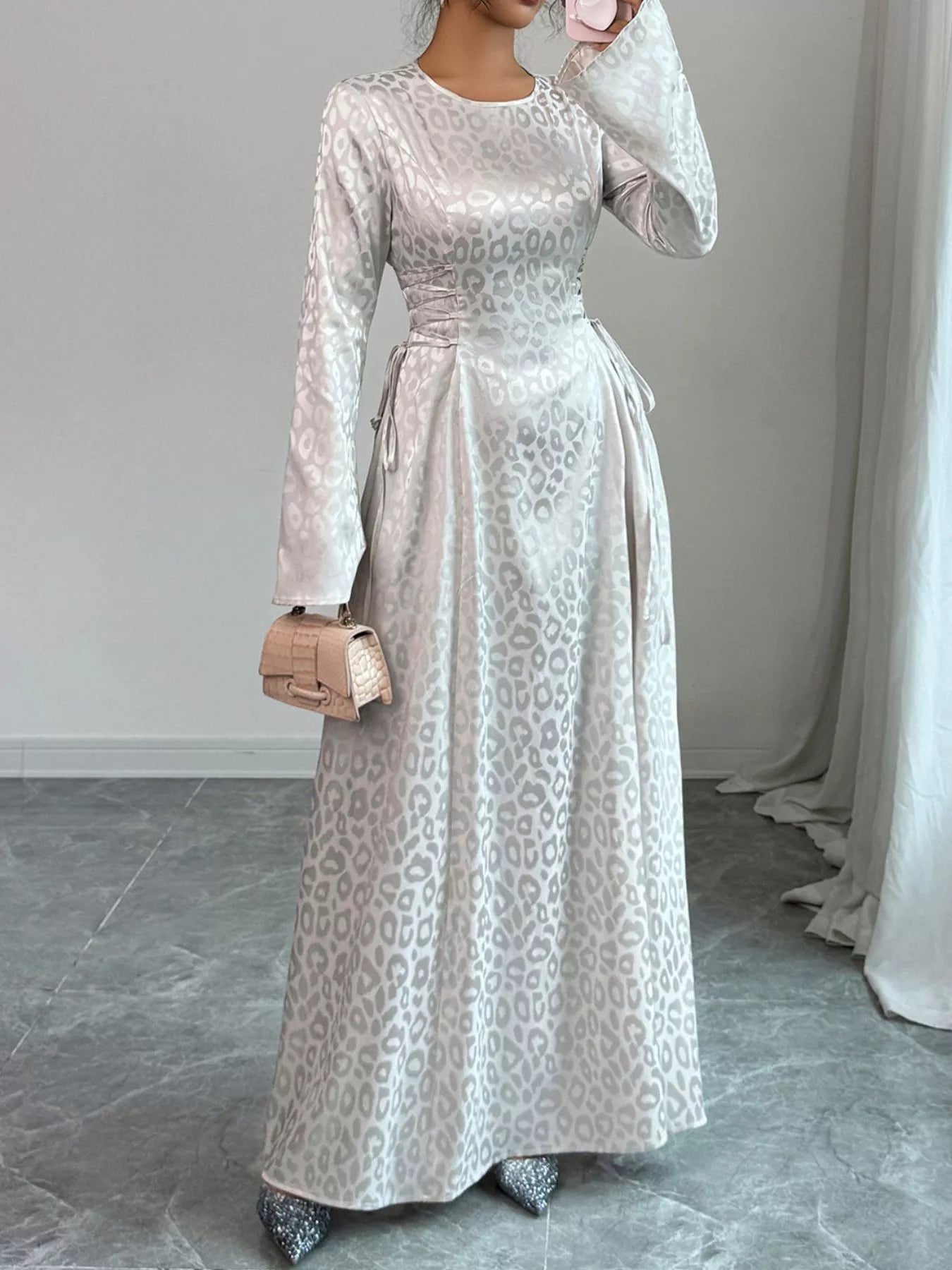 Leopard Lace Up Long Sleeve Maxi Dress