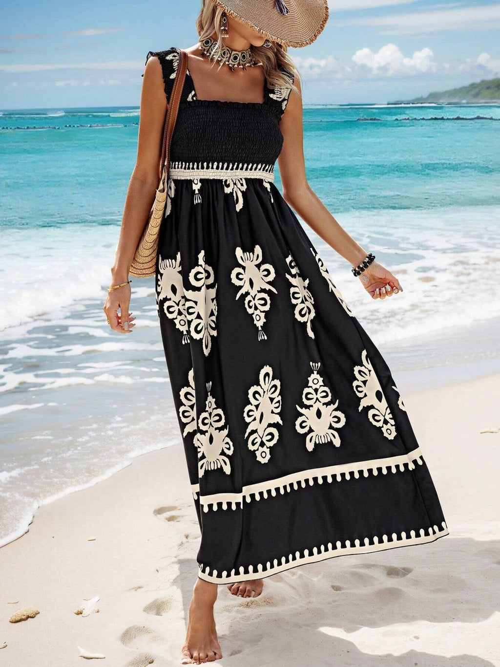 Smocked Bodice Colorful Print Tank Dress