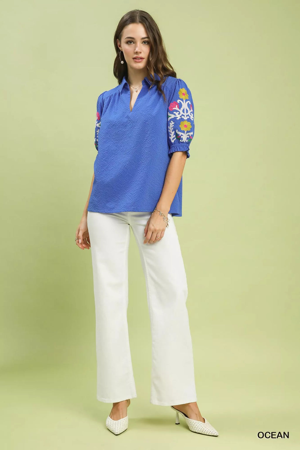 Umgee Seersucker Embroidered Sleeve Blouse