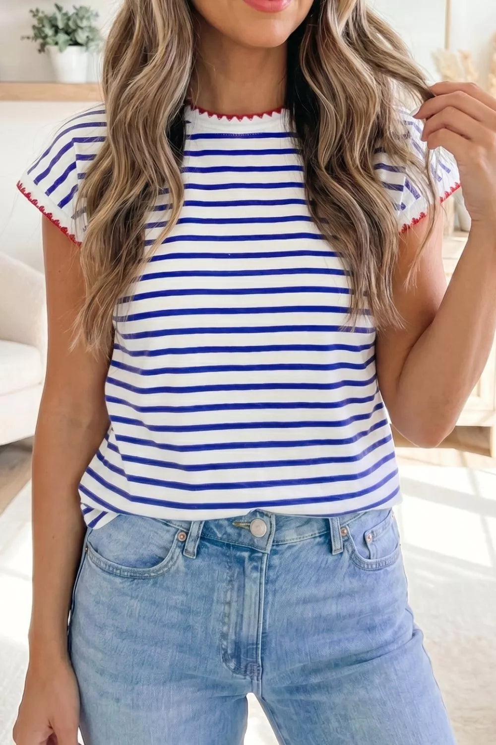 Stripe Contrast Trim Round Neck Cap Sleeve Tee