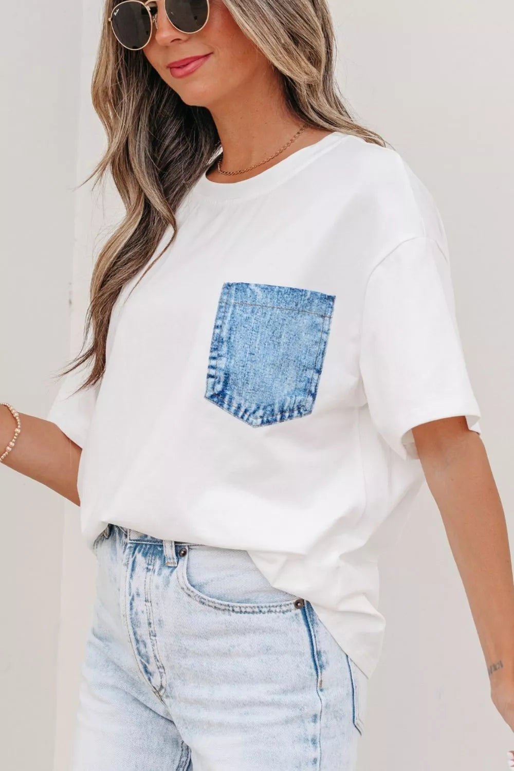 Color Block Chest Pocket Patched Casual Short Sleeve Top