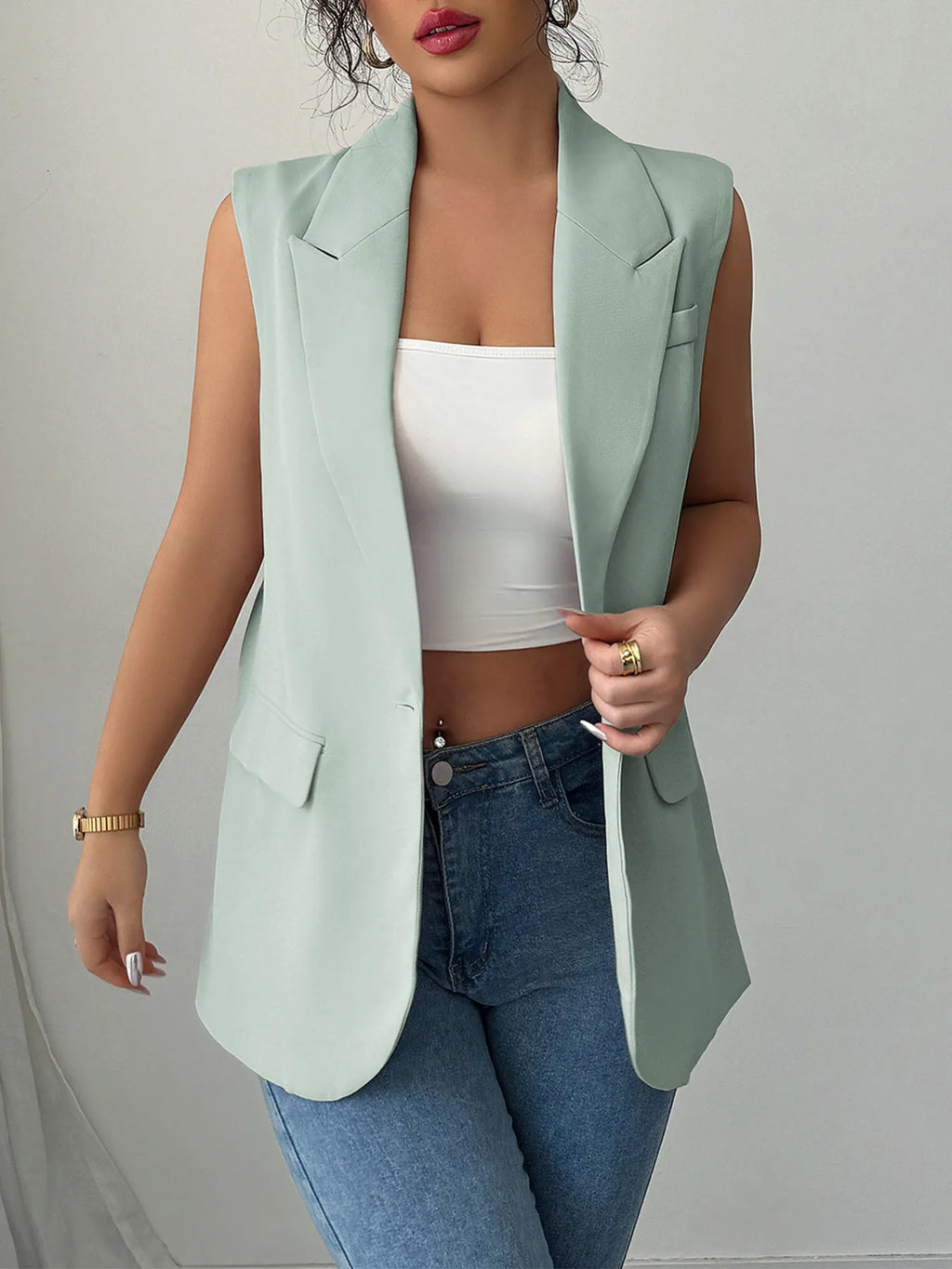 One Button V-Neck Blazer Vest Coat